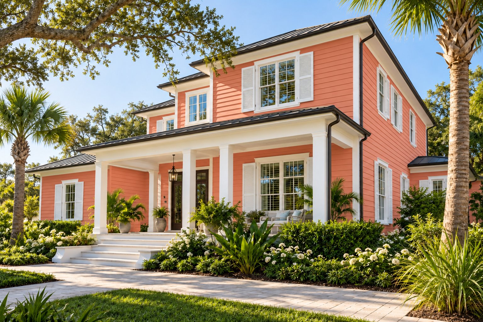 Coral painted lap siding with crisp white trim on a coastal home